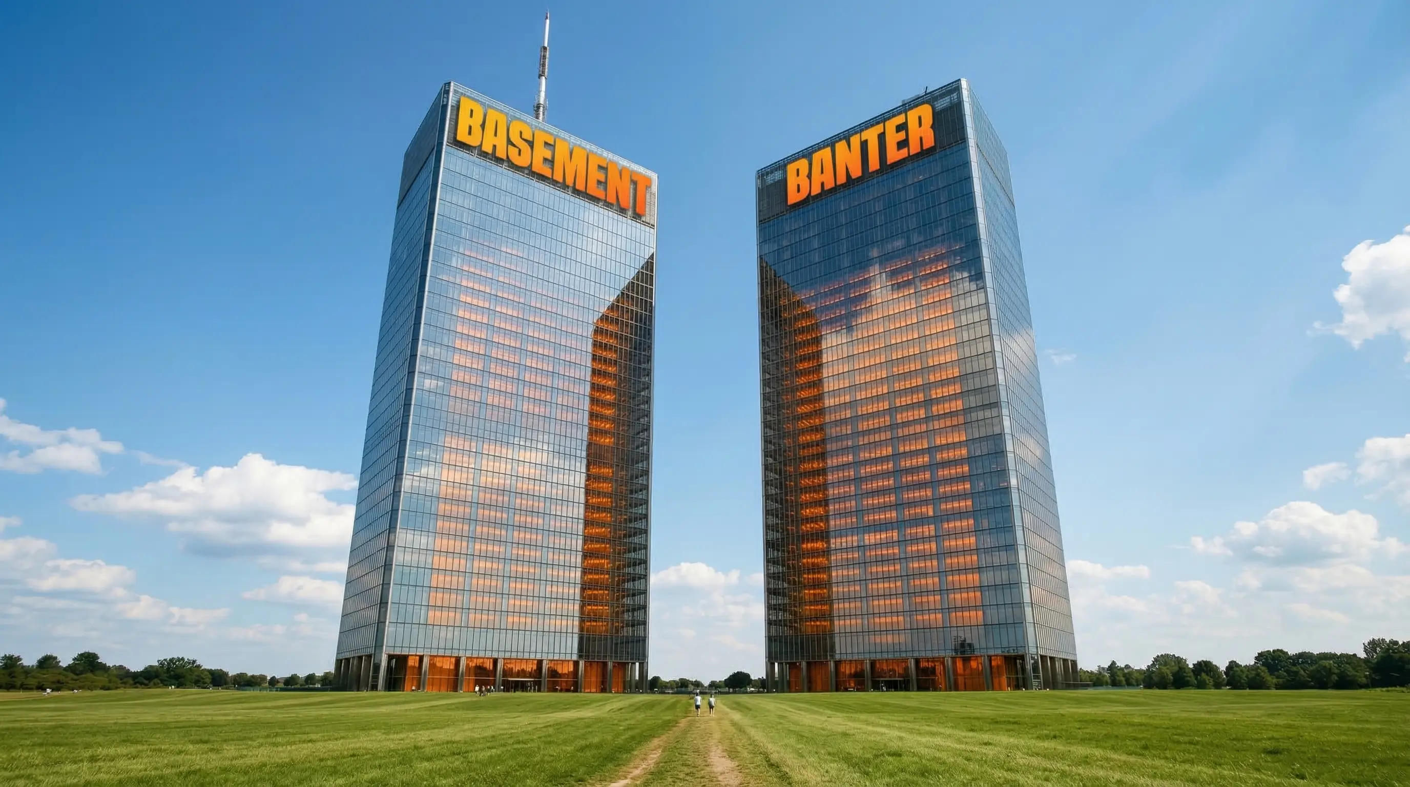 Two skyscrapers that say 'Basement' and 'Banter' in an open green field